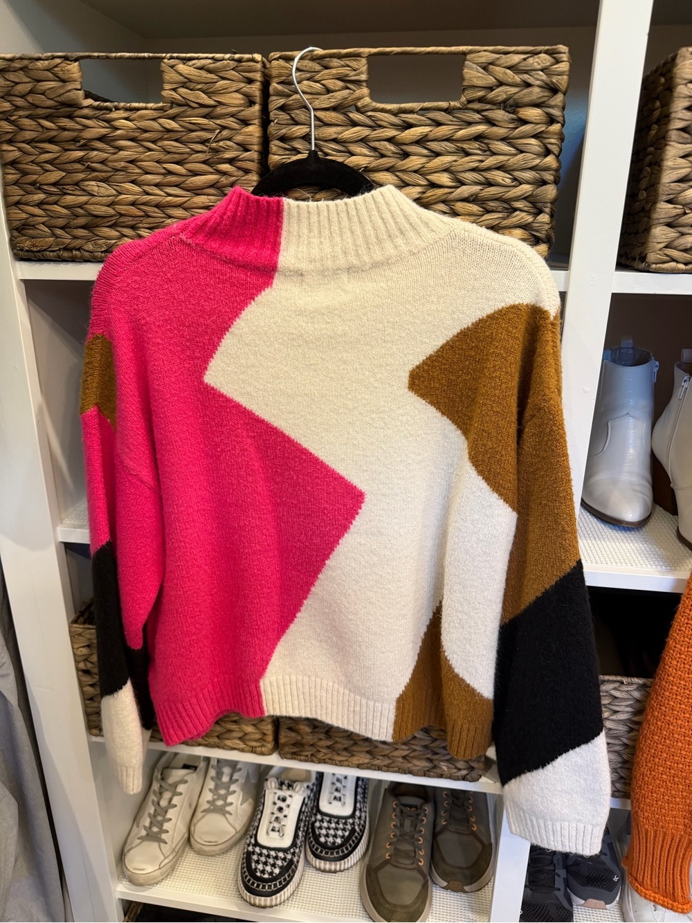 Lush Colorblock Cowl Neck Sweater - Hot Pink, Cream & Brown